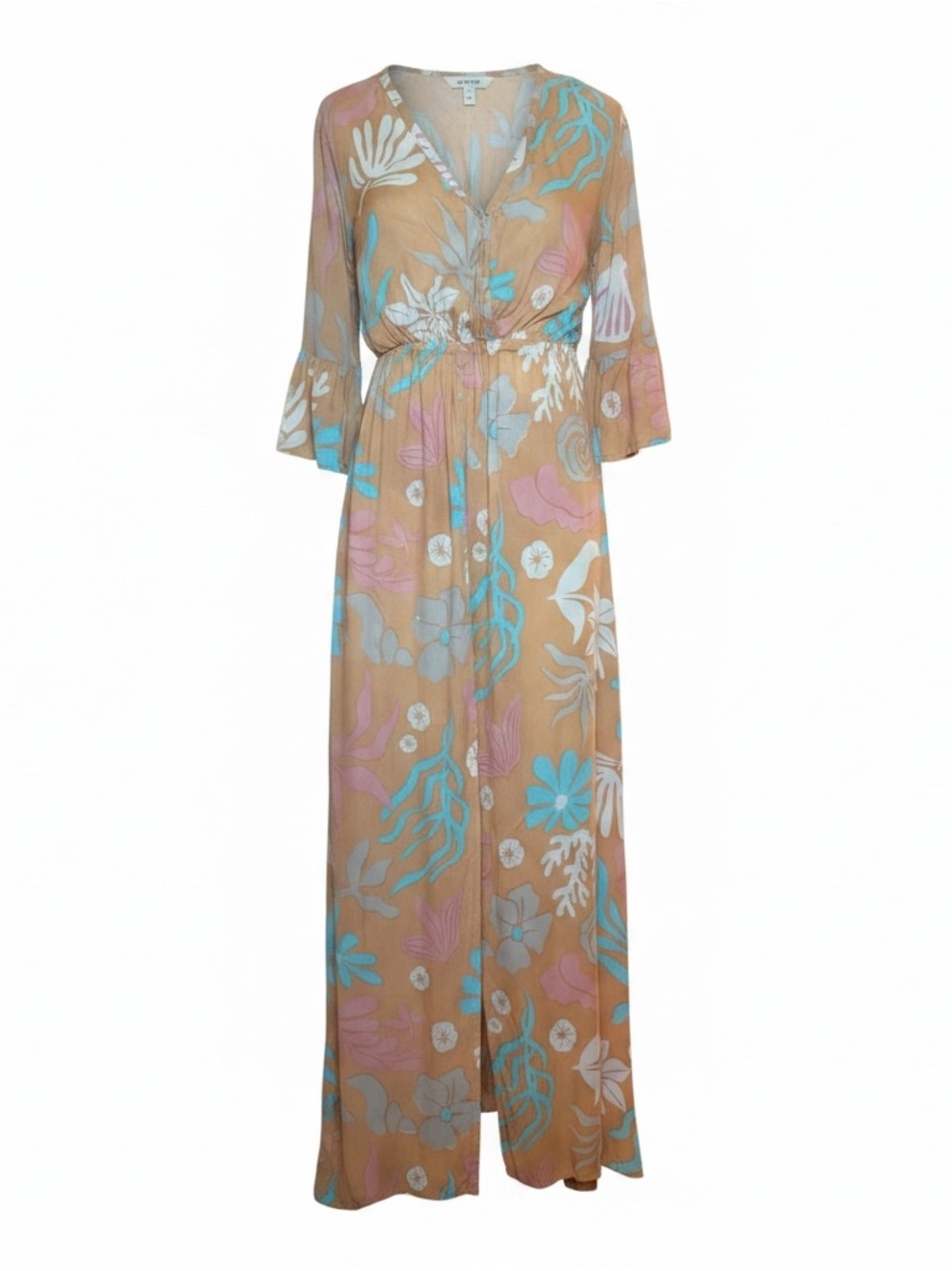 Tiare Hawaii Surry Maxi Dress NWT Brown Aqua Floral Size s/m